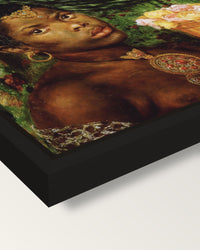 The Beloved by Rossetti framed canvas, corner close-up: a black floating frame with a shadow gap round the canvas