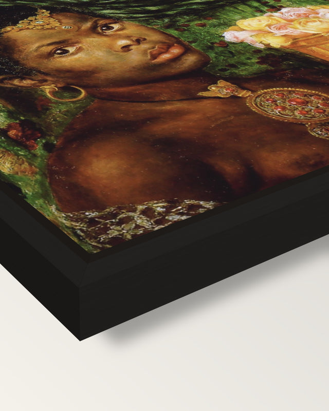 The Beloved by Rossetti framed canvas, corner close-up: a black floating frame with a shadow gap round the canvas
