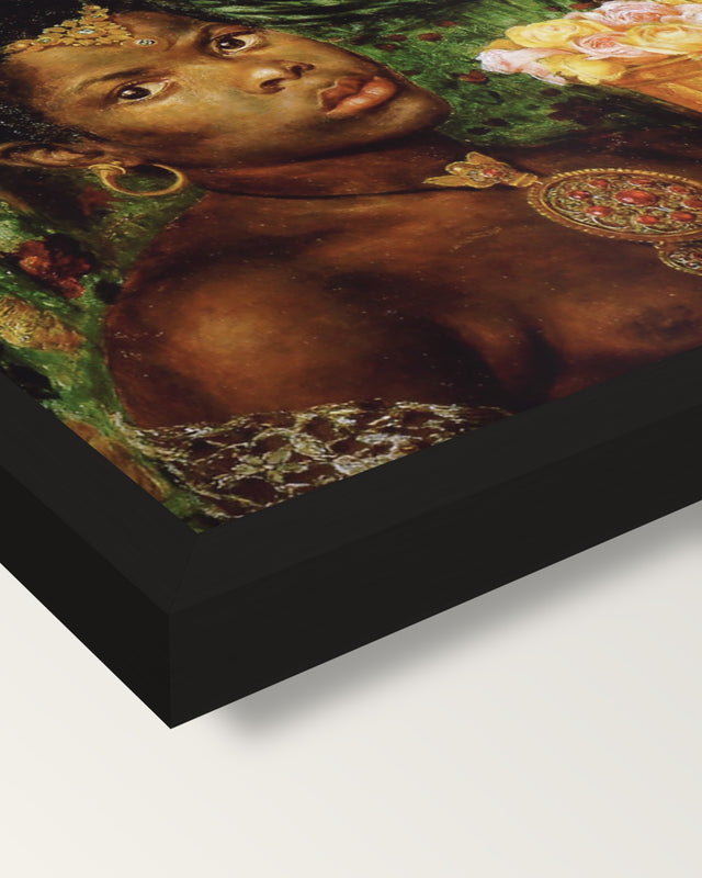 The Beloved by Rossetti framed print, corner close-up: black moulding, mitred, the print set just below its edge