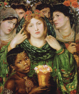 The Beloved by Dante Gabriel Rossetti: a red-haired bride in a green robe drawing back her veil among attendants and roses