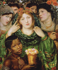 The Beloved by Dante Gabriel Rossetti: a red-haired bride in a green robe drawing back her veil among attendants and roses