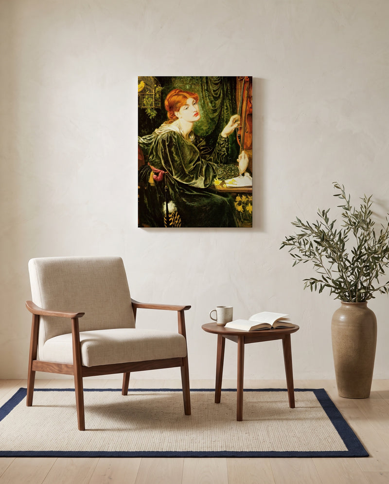 Veronica Veronese by Dante Gabriel Rossetti as a stretched canvas above a linen lounge chair in a reading corner