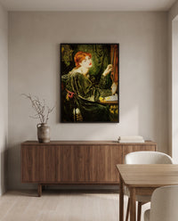 Veronica Veronese by Dante Gabriel Rossetti in a black frame above a walnut sideboard in a dining room