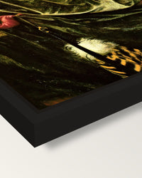 Veronica Veronese by Rossetti framed canvas, corner close-up: a black floating frame with a shadow gap round the canvas