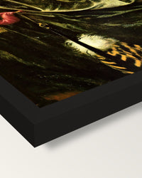 Veronica Veronese by Rossetti framed print, corner close-up: black moulding, mitred, the print set just below its edge