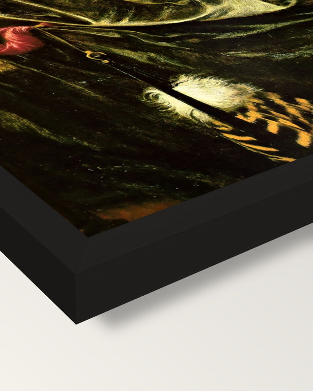 Veronica Veronese by Rossetti framed print, corner close-up: black moulding, mitred, the print set just below its edge