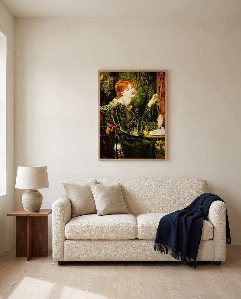 Veronica Veronese by Dante Gabriel Rossetti framed in natural oak above a cream sofa in a warm living room