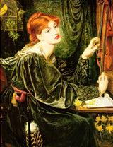 Veronica Veronese by Rossetti: a red-haired woman in green velvet touches a violin’s strings, a yellow bird in a cage
