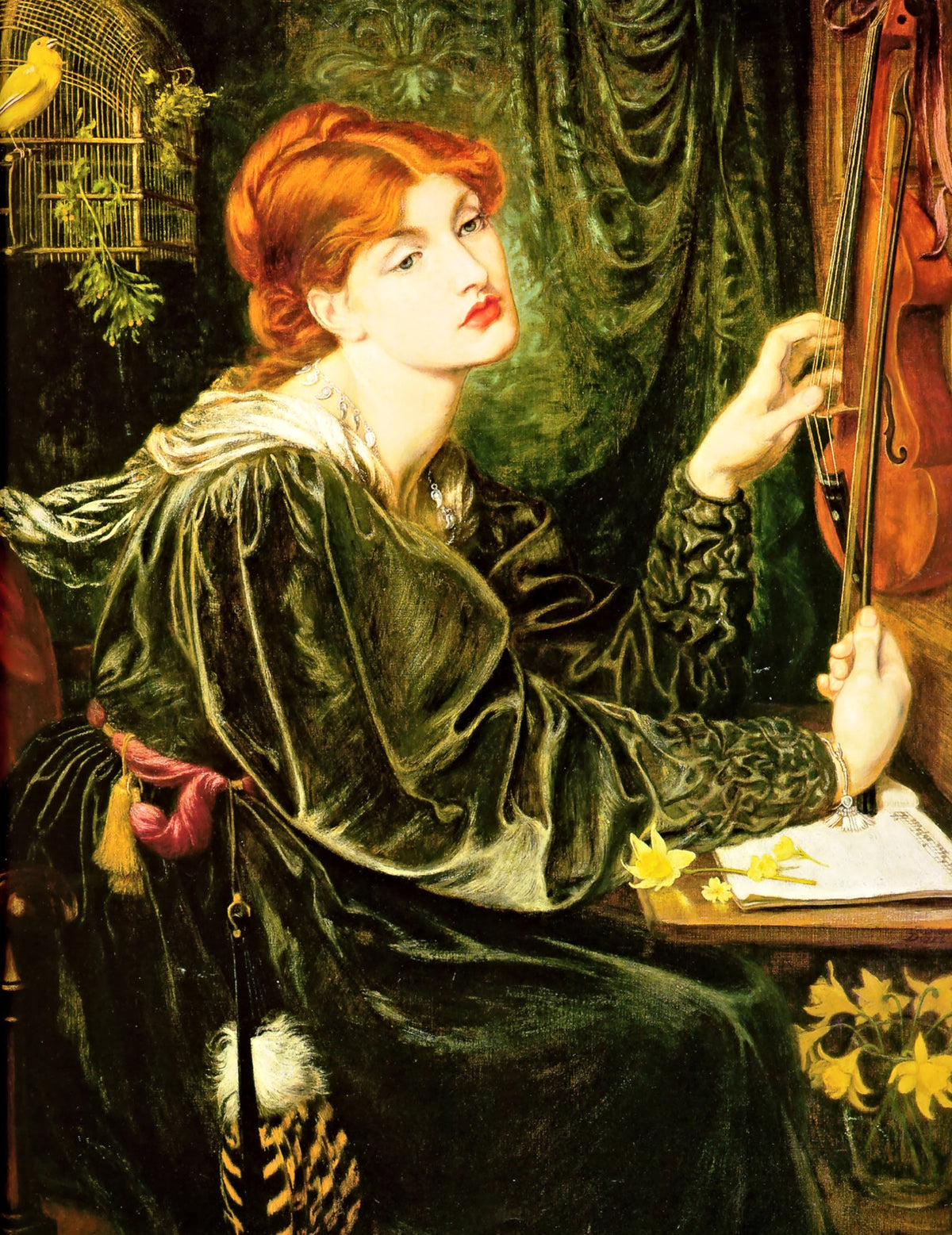 Veronica Veronese by Rossetti: a red-haired woman in green velvet touches a violin’s strings, a yellow bird in a cage