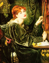 Veronica Veronese by Rossetti: a red-haired woman in green velvet touches a violin’s strings, a yellow bird in a cage