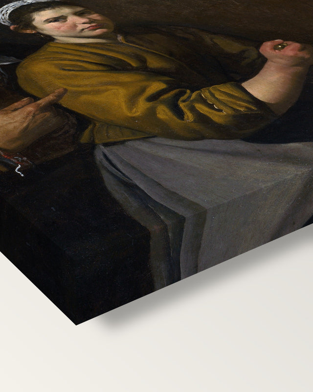 Martha and Mary by Diego Velázquez on stretched canvas, corner close-up: the painting mirror-wrapped round the sides