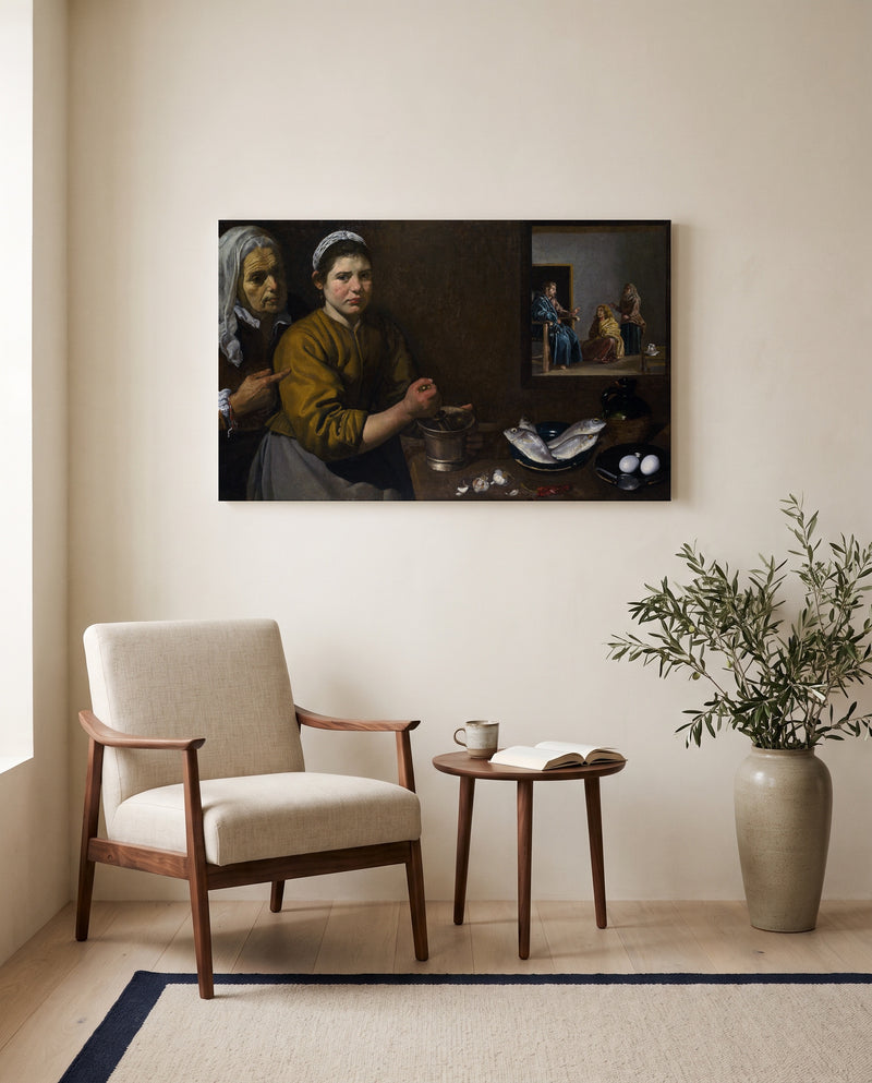 Martha and Mary by Diego Velázquez as a stretched canvas above a linen lounge chair in a reading corner