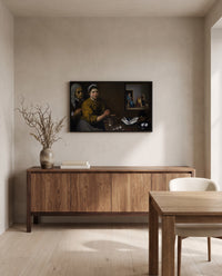 Martha and Mary by Diego Velázquez in a black frame above a walnut sideboard in a dining room
