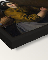 Martha and Mary by Diego Velázquez framed canvas, corner close-up: a black floating frame with a shadow gap round the canvas