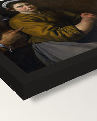 Martha and Mary by Diego Velázquez framed print, corner close-up: black moulding, mitred, the print set just below its edge