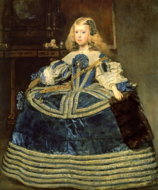 Infanta Margarita Teresa in a Blue Dress by Velázquez: a fair-haired girl in a wide blue and silver gown, holding a fur muff