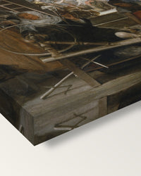 Las Hilanderas by Diego Velázquez on stretched canvas, corner close-up: the painting mirror-wrapped round the sides