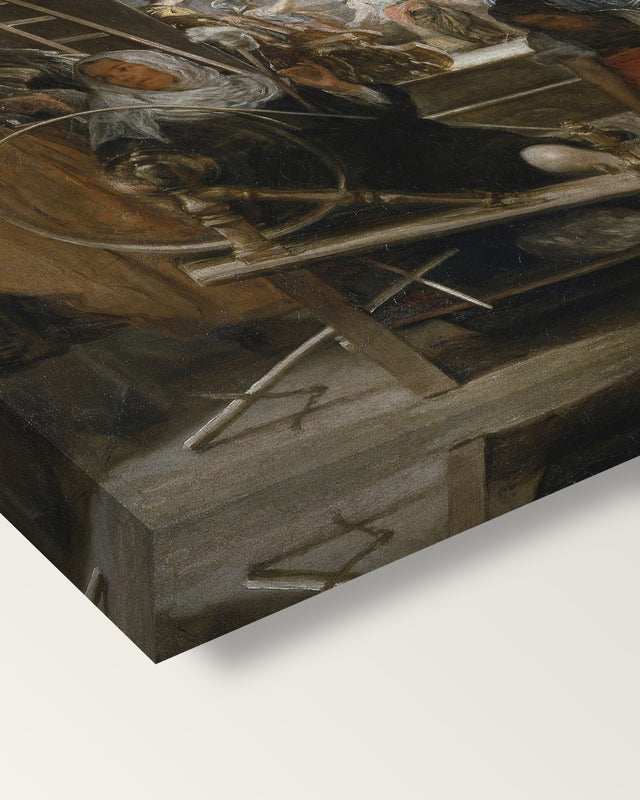 Las Hilanderas by Diego Velázquez on stretched canvas, corner close-up: the painting mirror-wrapped round the sides