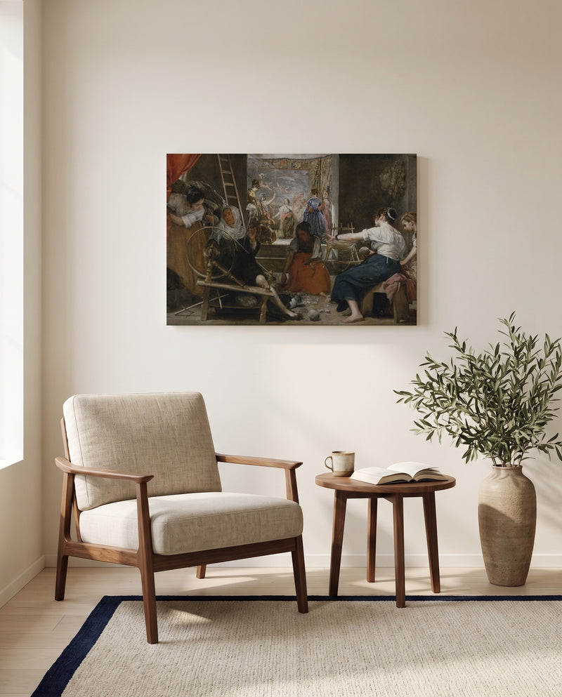 Las Hilanderas by Diego Velázquez as a stretched canvas above a linen lounge chair in a reading corner