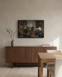 Las Hilanderas by Diego Velázquez in a black frame above a walnut sideboard in a dining room