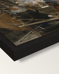 Las Hilanderas by Diego Velázquez framed canvas, corner close-up: a black floating frame with a shadow gap round the canvas