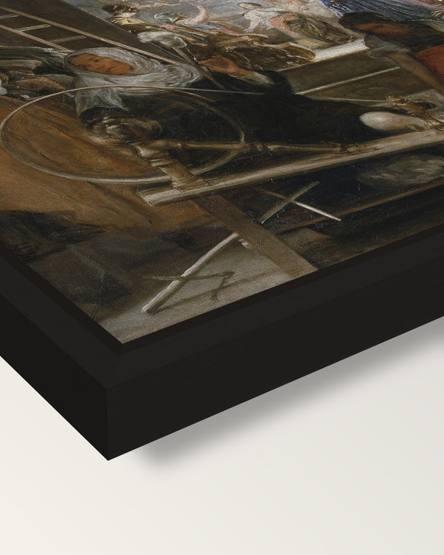 Las Hilanderas by Diego Velázquez framed canvas, corner close-up: a black floating frame with a shadow gap round the canvas