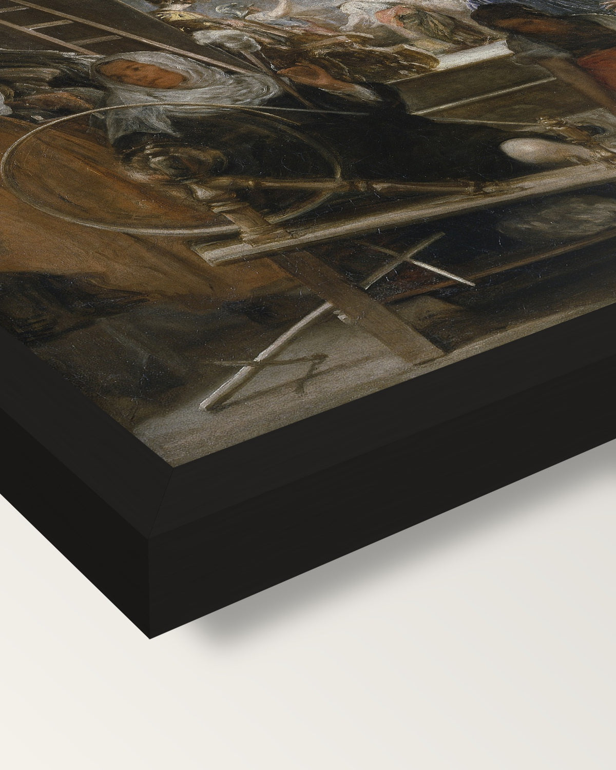 Las Hilanderas by Diego Velázquez framed print, corner close-up: black moulding, mitred, the print set just below its edge