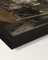 Las Hilanderas by Diego Velázquez framed print, corner close-up: black moulding, mitred, the print set just below its edge