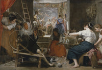 Las Hilanderas by Diego Velázquez: women spinning wool in a workshop, a tapestry and figures on a bright stage behind
