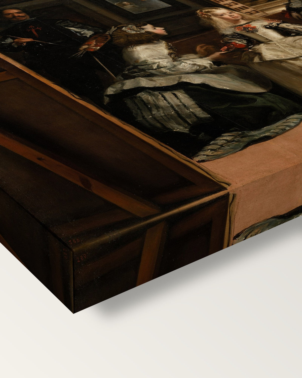 Las Meninas by Diego Velázquez on stretched canvas, corner close-up: the painting mirror-wrapped round the sides