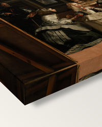 Las Meninas by Diego Velázquez on stretched canvas, corner close-up: the painting mirror-wrapped round the sides
