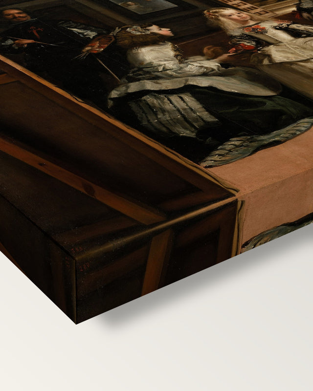 Las Meninas by Diego Velázquez on stretched canvas, corner close-up: the painting mirror-wrapped round the sides
