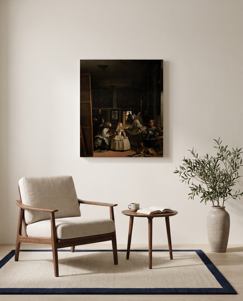 Las Meninas by Diego Velázquez as a stretched canvas above a linen lounge chair in a reading corner