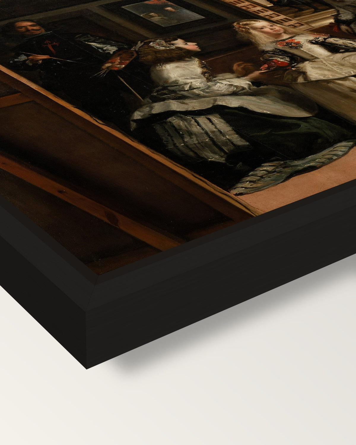 Las Meninas by Diego Velázquez framed canvas, corner close-up: a black floating frame with a shadow gap round the canvas