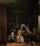 Las Meninas by Diego Velázquez: a little princess in a white gown with her maids, the painter at a huge easel, a dog in front