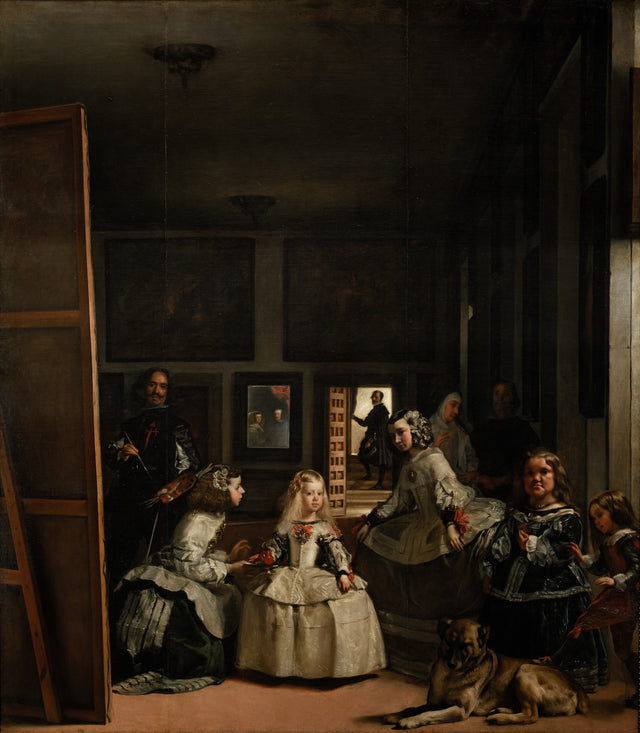 Las Meninas by Diego Velázquez: a little princess in a white gown with her maids, the painter at a huge easel, a dog in front