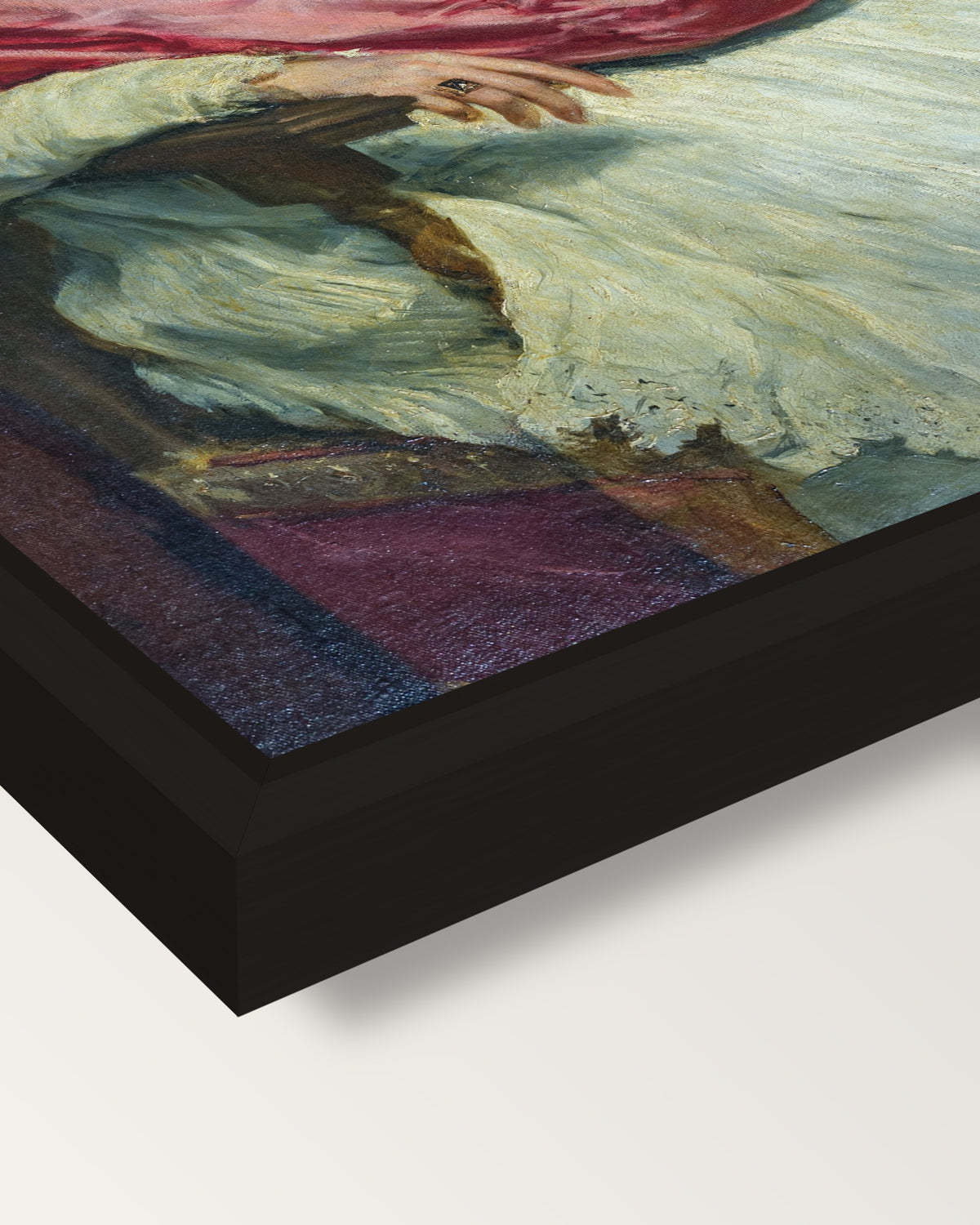 Pope Innocent X by Diego Velázquez framed canvas, corner close-up: a black floating frame with a shadow gap round the canvas