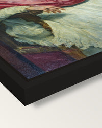 Pope Innocent X by Diego Velázquez framed canvas, corner close-up: a black floating frame with a shadow gap round the canvas
