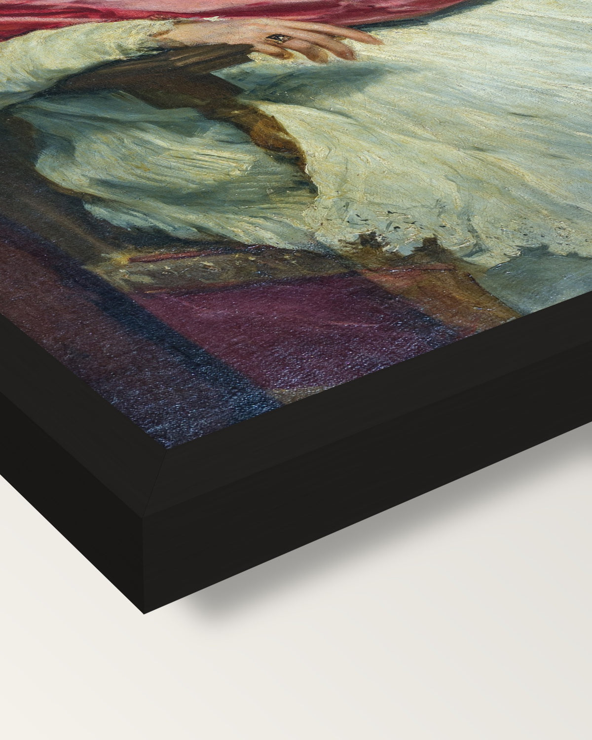 Pope Innocent X by Diego Velázquez framed print, corner close-up: black moulding, mitred, the print set just below its edge