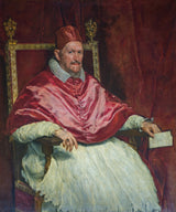Portrait of Innocent X by Diego Velázquez: an elderly pope in a red cap and cape and white lace, seated before a red curtain