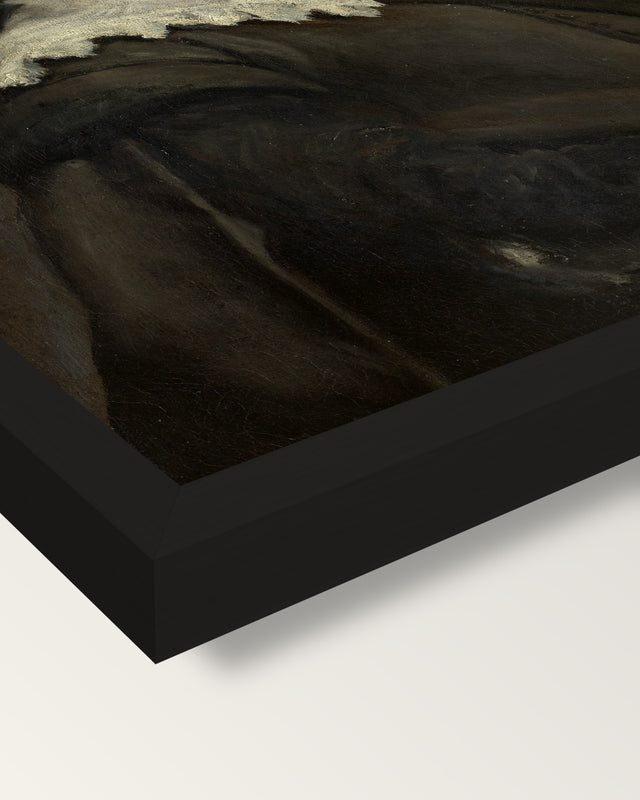 Juan de Pareja by Diego Velázquez framed print, corner close-up: black moulding, mitred, the print set just below its edge
