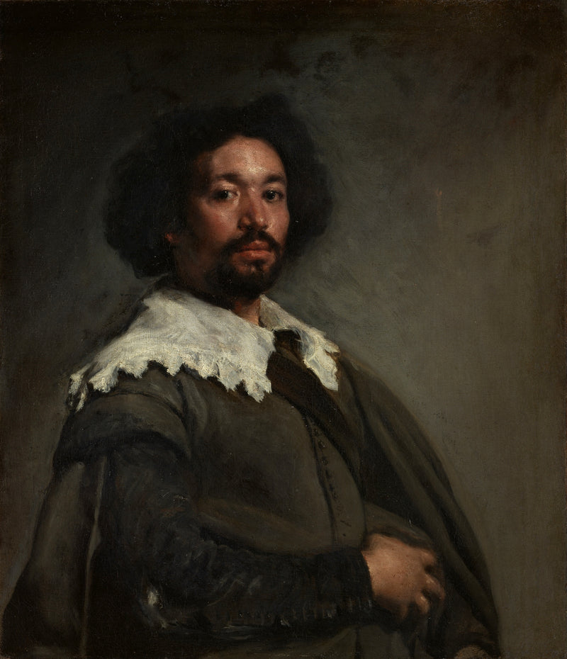 Portrait of Juan de Pareja by Velázquez: a man with dark curly hair and a white lace collar, looking out with a level gaze