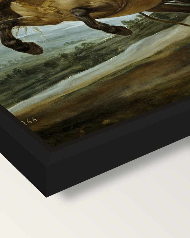 Prince Balthasar Charles framed canvas, corner close-up: a black floating frame with a shadow gap round the canvas