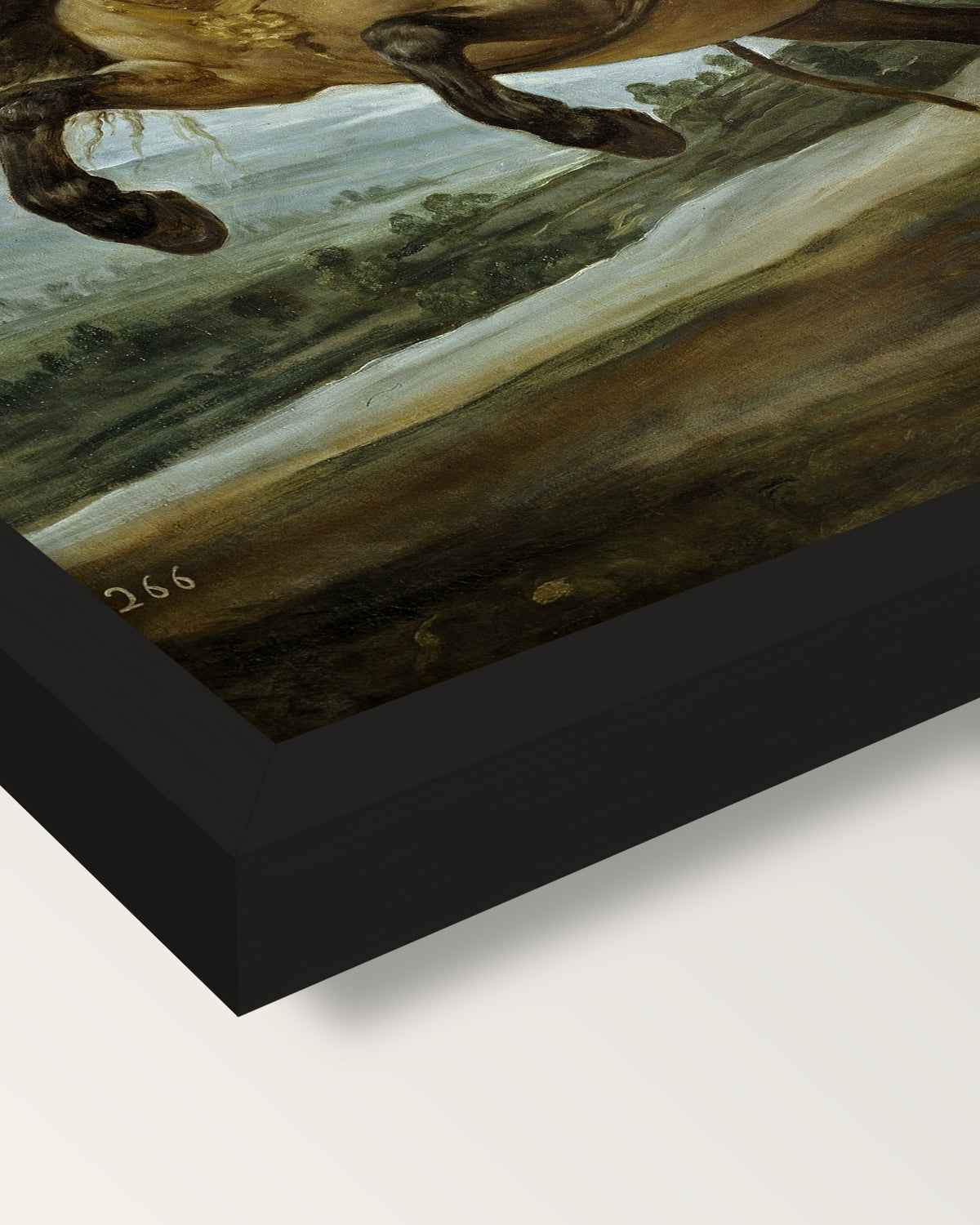 Prince Balthasar Charles framed print, corner close-up: black moulding, mitred, the print set just below its edge
