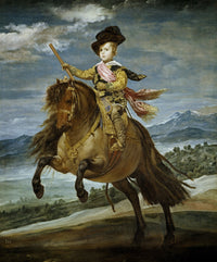 Prince Balthasar Charles by Diego Velázquez: a small boy in gold and a black hat on a rearing pony, blue mountains behind