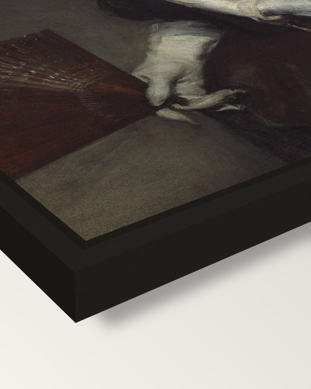 The Lady with a Fan by Velázquez framed canvas, corner close-up: a black floating frame with a shadow gap round the canvas