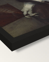 The Lady with a Fan by Velázquez framed print, corner close-up: black moulding, mitred, the print set just below its edge