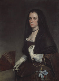 The Lady with a Fan by Diego Velázquez: a woman in a black lace veil and dark dress holding a fan, white gloves
