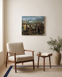 The Surrender of Breda by Diego Velázquez as a stretched canvas above a linen lounge chair in a reading corner
