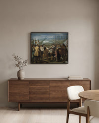 The Surrender of Breda by Diego Velázquez in a black frame above a walnut sideboard in a dining room